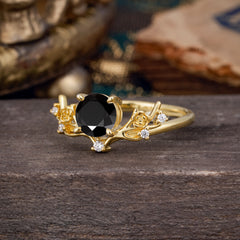 Nature-Inspired 4-Prong Round Black Onyx Engagement Ring