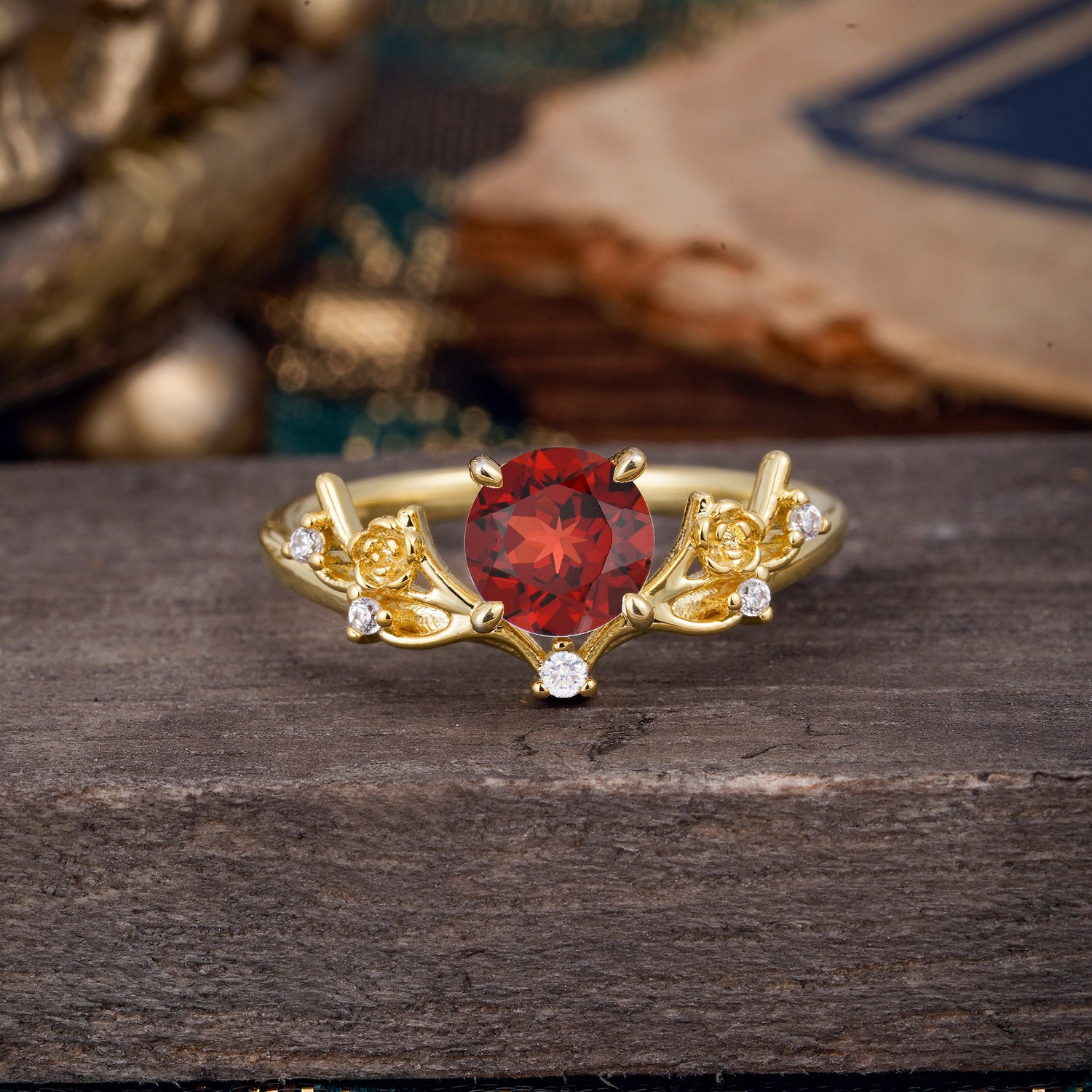 Nature-Inspired 4-Prong Round Natural Garnet Engagement Ring