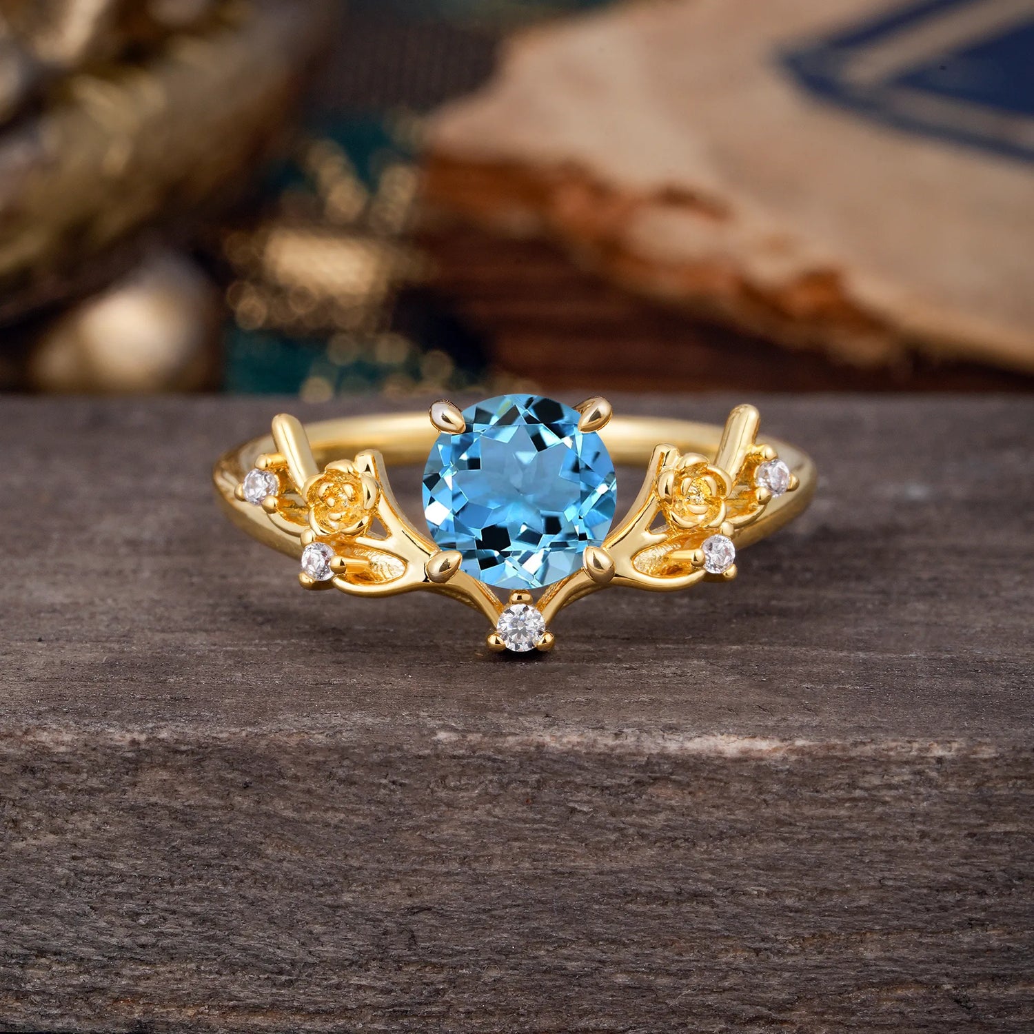 Nature-Inspired 4-Prong Round Aquamarine Engagement Ring