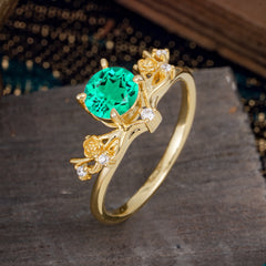 Nature-Inspired 4-Prong Round Natural Emerald Engagement Ring