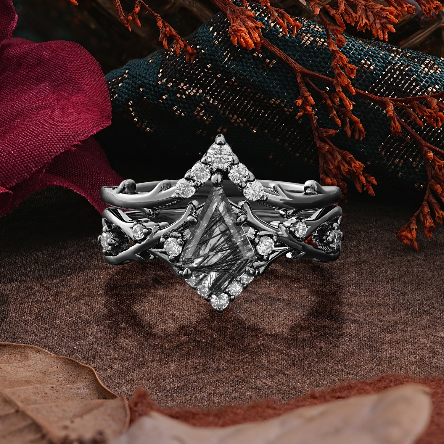 Halloween Limited-Luxurious Natural Inspiration 5-Prong Gothic Kite Cut Black Rutilated Quartz Ring Set