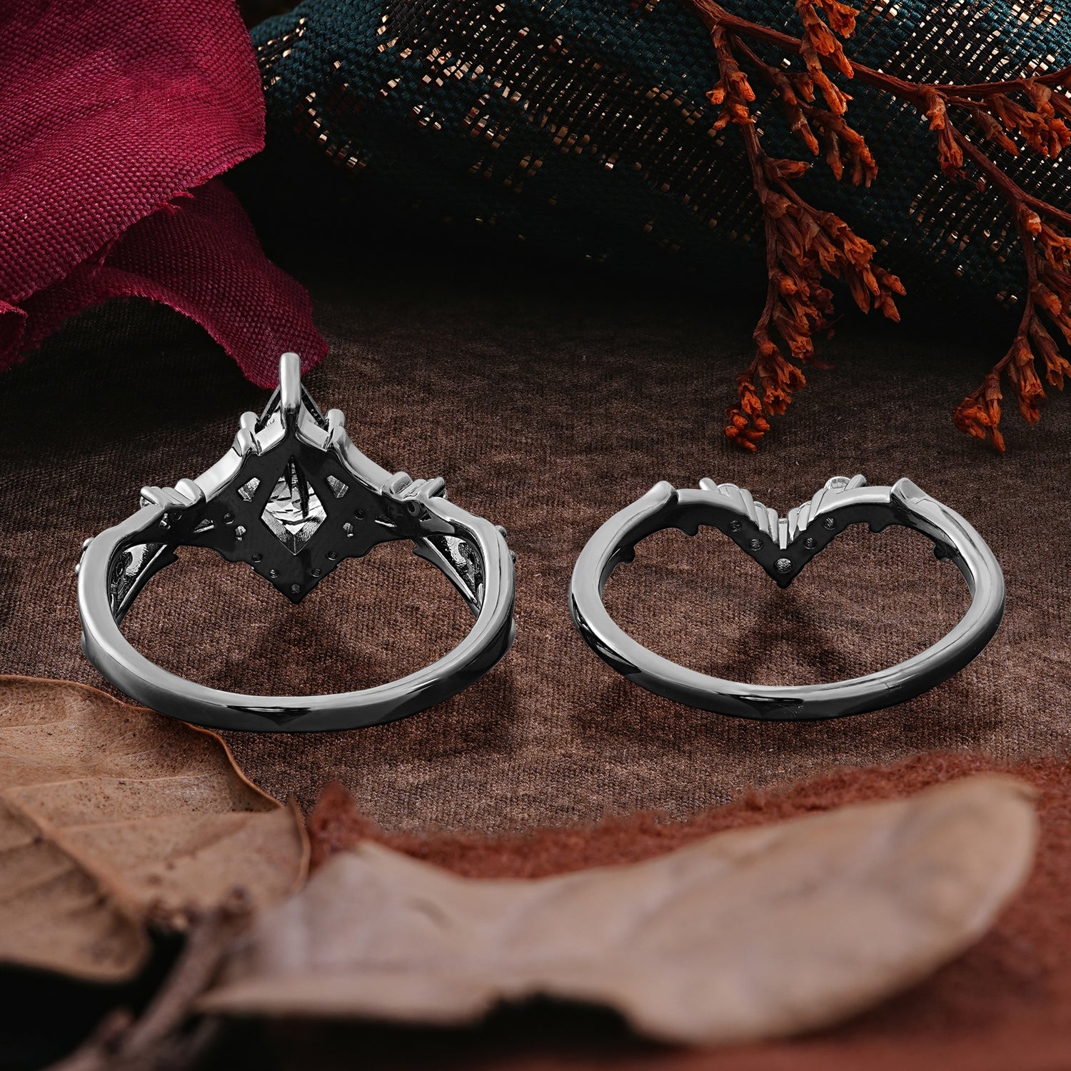 Halloween Limited-Luxurious Natural Inspiration 5-Prong Gothic Kite Cut Black Rutilated Quartz Ring Set