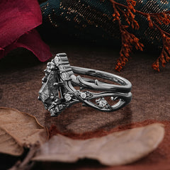 Halloween Limited-Luxurious Natural Inspiration 5-Prong Gothic Kite Cut Black Rutilated Quartz Ring Set