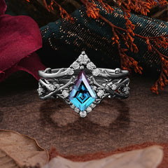 Halloween Limited-Luxurious Natural Inspiration 5-Prong Gothic Kite Cut Black Rutilated Quartz Ring Set