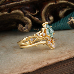Luxury Vintage 5-Prong Kite-Cut Moss Agate Engagement Ring Set