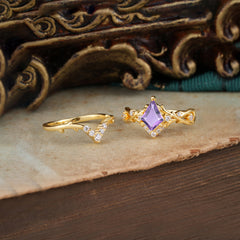 Luxury Vintage 5-Prong Kite-Cut Amethyst Engagement Ring Set