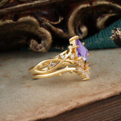 Luxury Vintage 5-Prong Kite-Cut Amethyst Engagement Ring Set