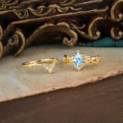 Luxury Vintage 5-Prong Kite-Cut Aquamarine Engagement Ring Set
