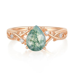 Luxury Vintage 4-Prong Pear-Cut Natural Moss Agate Engagement Ring