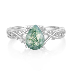Luxury Vintage 4-Prong Pear-Cut Natural Moss Agate Engagement Ring