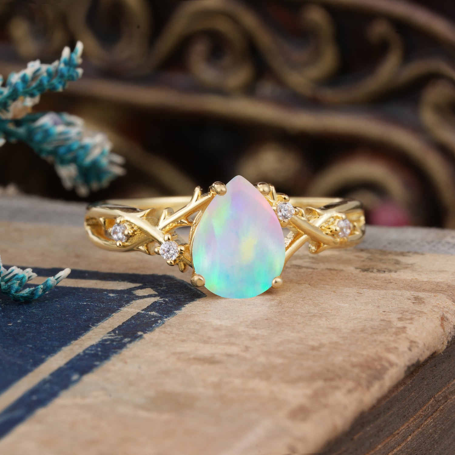 Luxury Vintage 4-Prong Pear-Cut Opal Engagement Ring