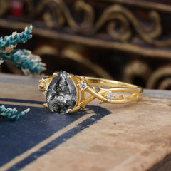 Luxury Vintage 4-Prong Pear-Cut Natural Black Rutilated Quartz Engagement Ring