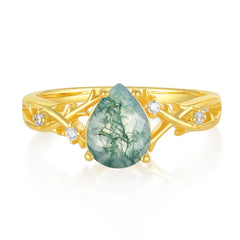 Luxury Vintage 4-Prong Pear-Cut Natural Moss Agate Engagement Ring