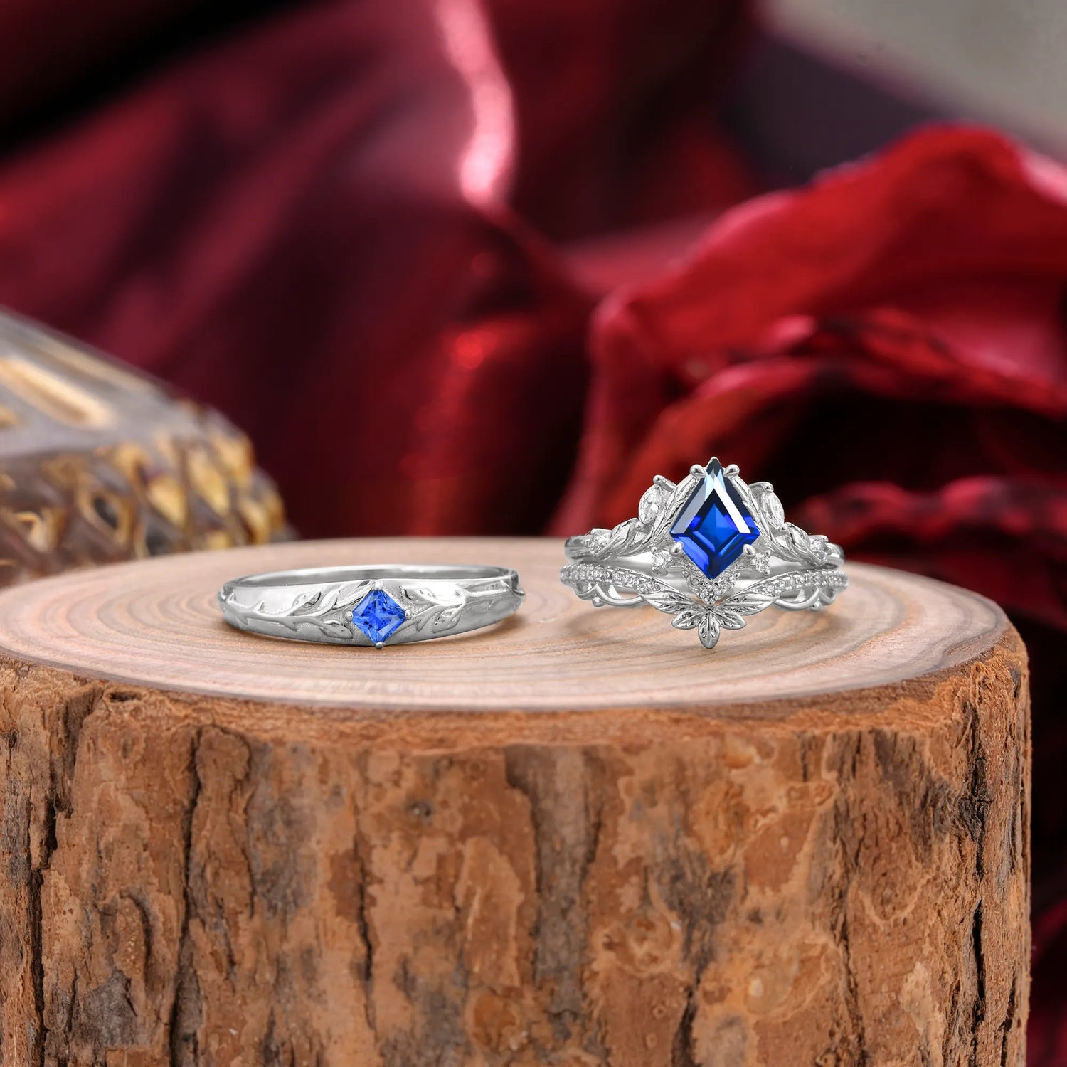 Vintage Leaf Kite Cut Sapphire Wedding Couple Ring