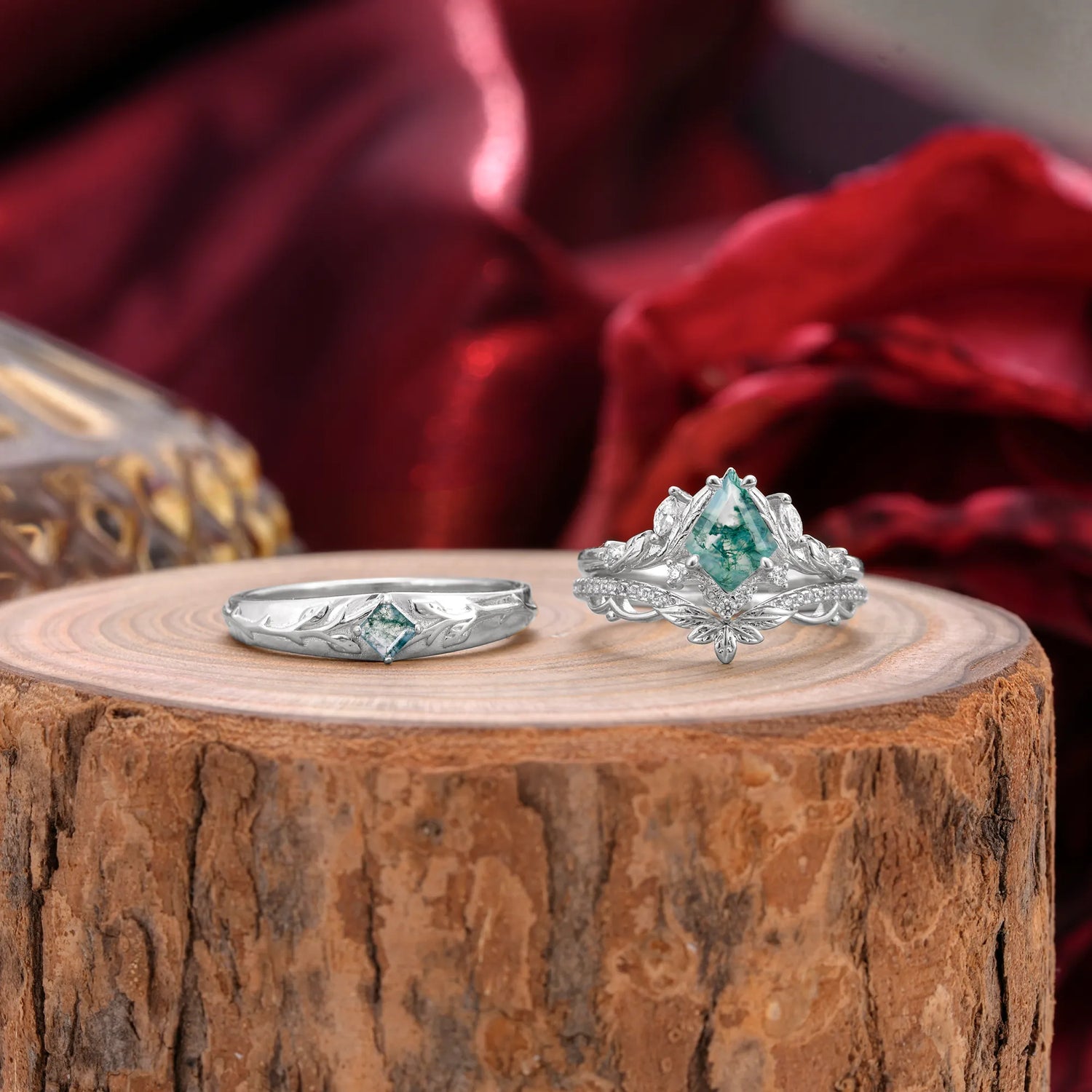 Vintage Leaf Kite Cut Moss Agate Wedding Couple Ring