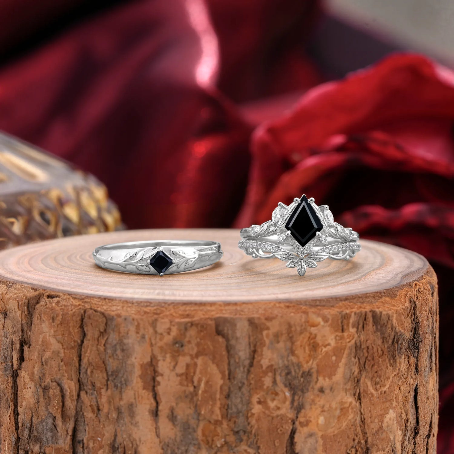 Vintage Leaf Kite Cut Black Onyx Wedding Couple Ring