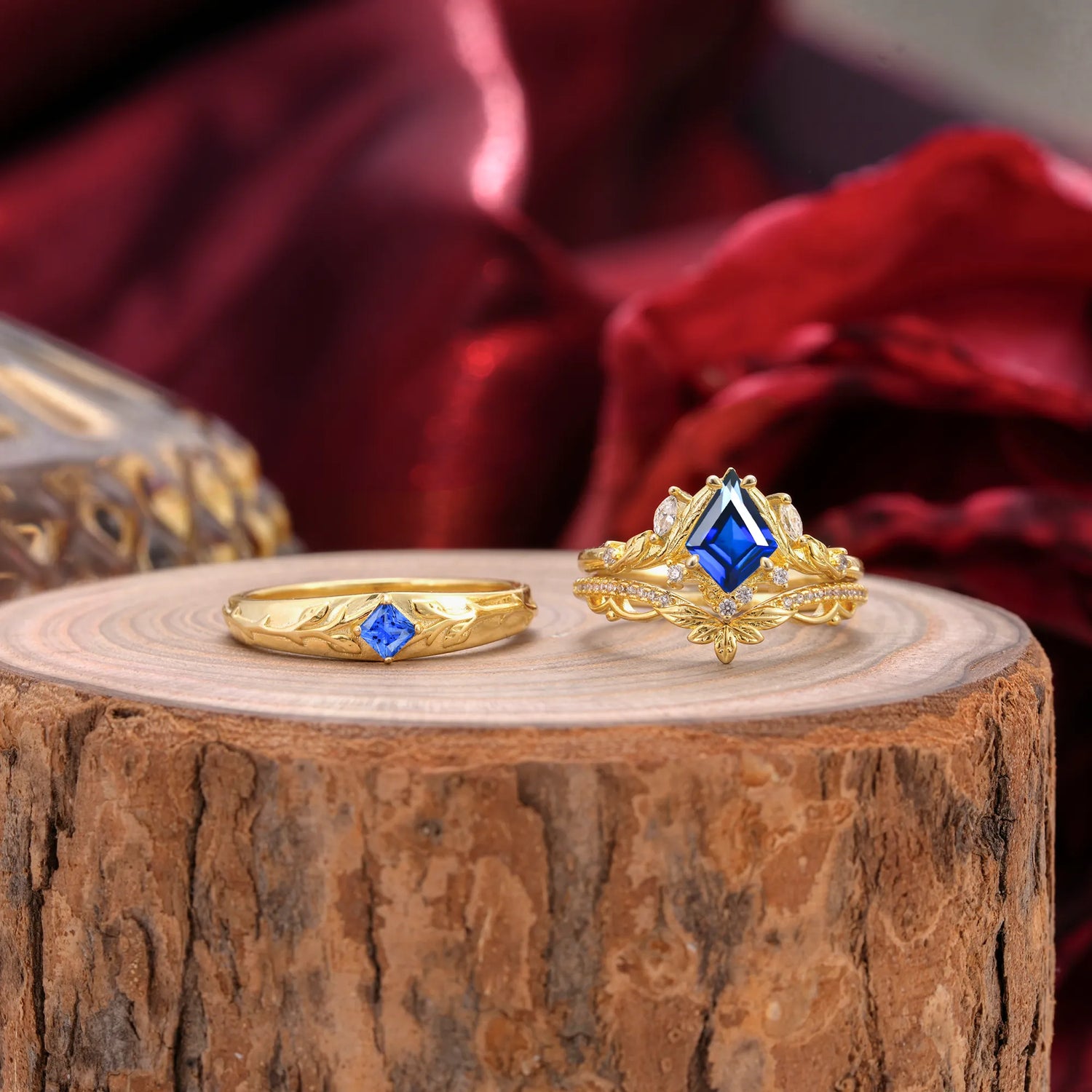 Vintage Leaf Kite Cut Sapphire Wedding Couple Ring