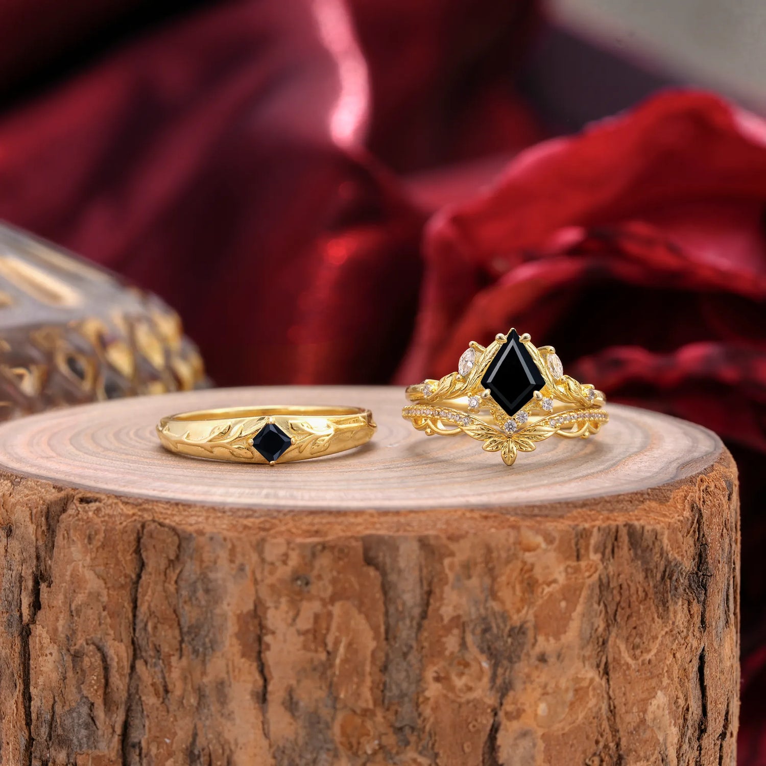 Vintage Leaf Kite Cut Black Onyx Wedding Couple Ring