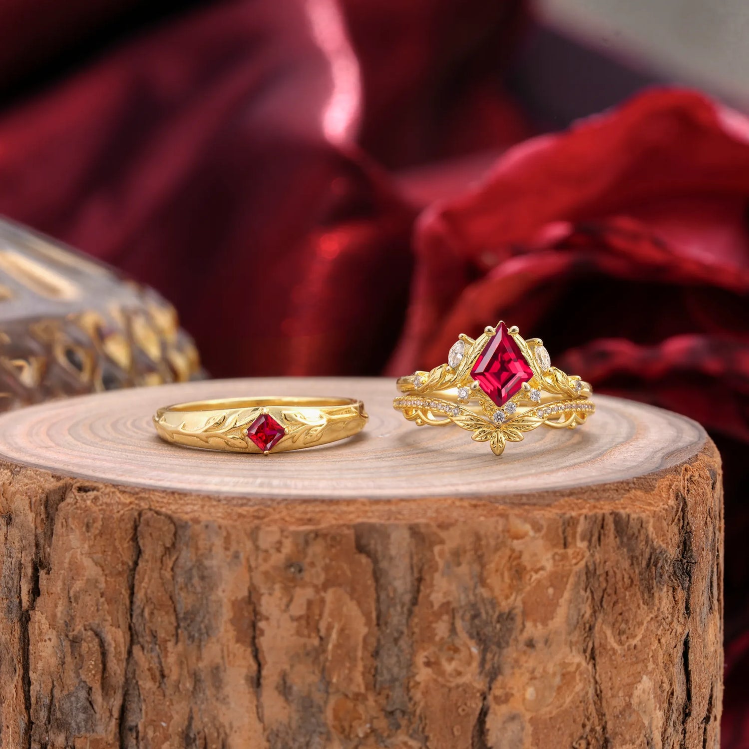 Vintage Leaf Kite Cut Ruby Wedding Couple Ring