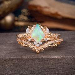 Kite Cut Natural Opal Engagement Ring Set-2pc