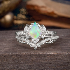 Kite Cut Natural Opal Engagement Ring Set-2pc