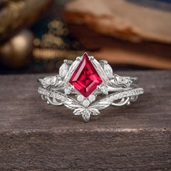 Kite Cut Natural Ruby Engagement Ring Set-2pc
