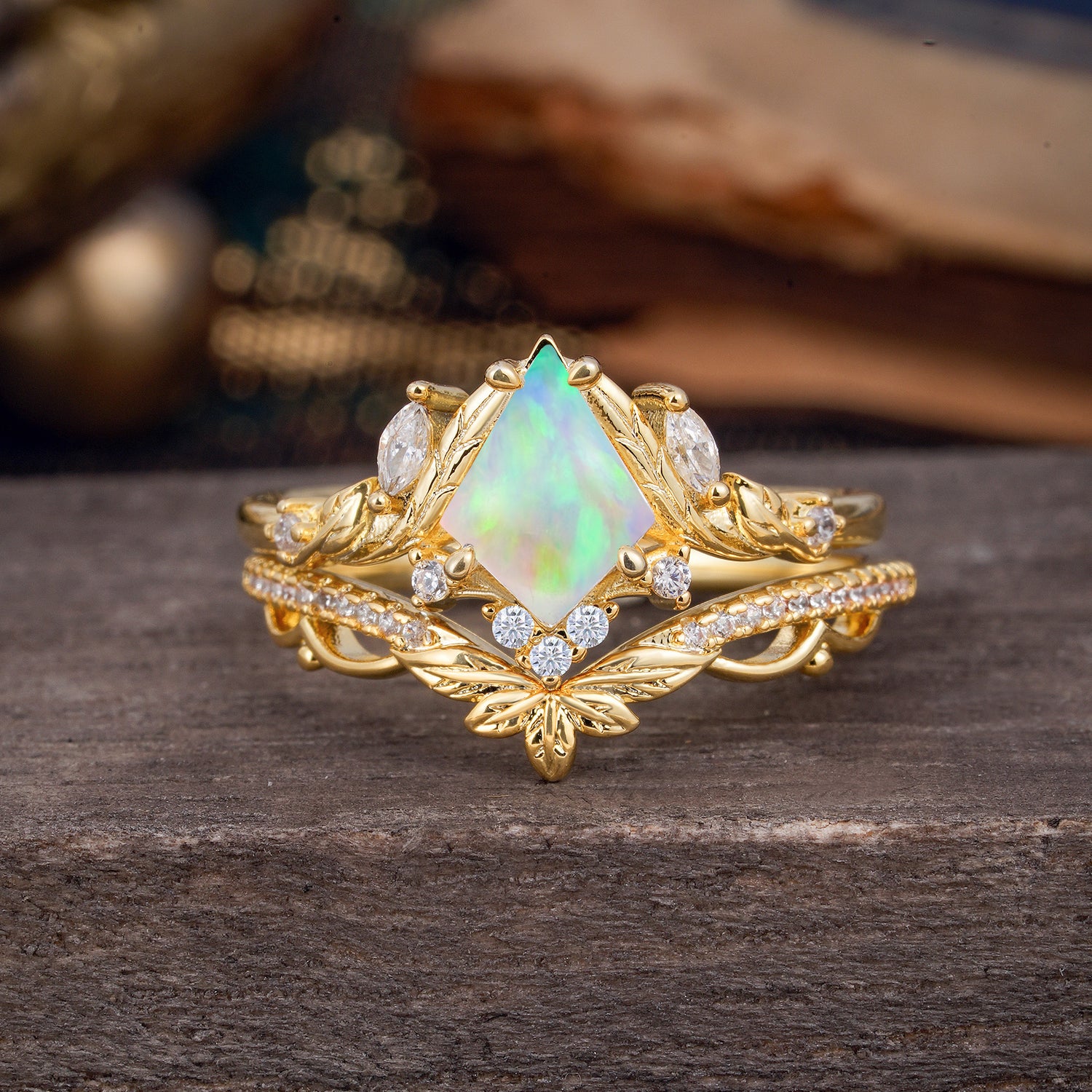 Kite Cut Nature-Inspired Opal Bridal Ring Set