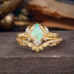 Kite Cut Natural Opal Engagement Ring Set-2pc