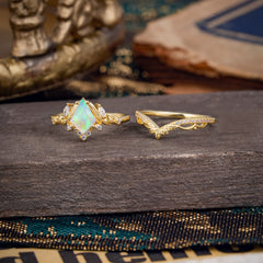 Kite Cut Natural Opal Engagement Ring Set-2pc
