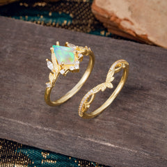 Kite Cut Natural Opal Engagement Ring Set-2pc