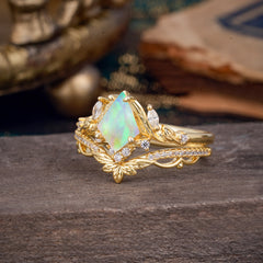 Kite Cut Natural Opal Engagement Ring Set-2pc