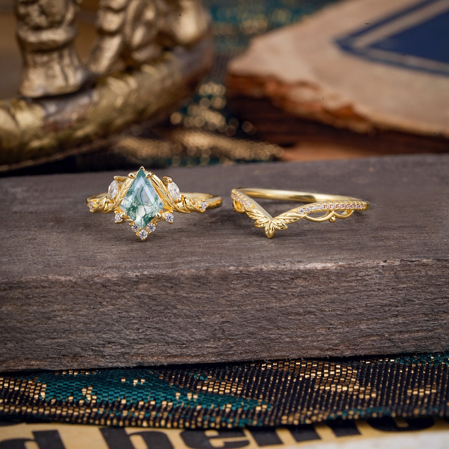 Kite Cut Natural Moss Agate Engagement Ring Set-2pc