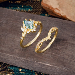 Kite Cut Natural Moss Agate Engagement Ring Set-2pc