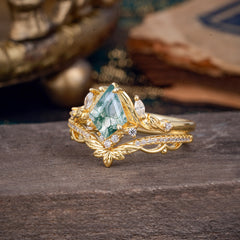 Kite Cut Natural Moss Agate Engagement Ring Set-2pc