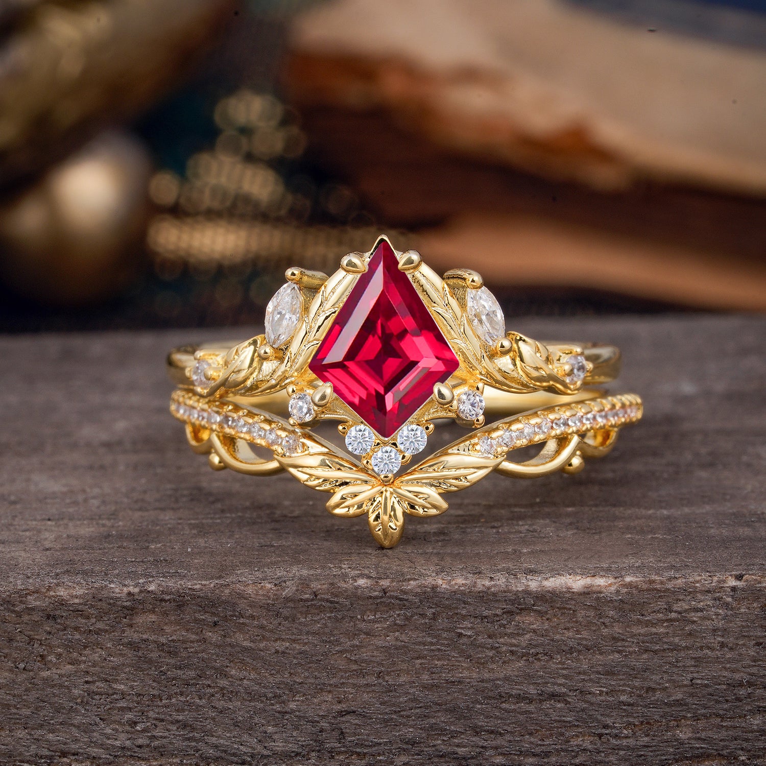 Kite Cut Nature-Inspired Ruby Bridal Ring Set