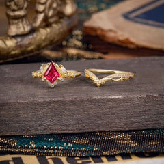 Kite Cut Natural Ruby Engagement Ring Set-2pc