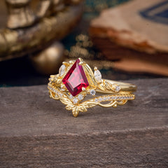 Kite Cut Natural Ruby Engagement Ring Set-2pc