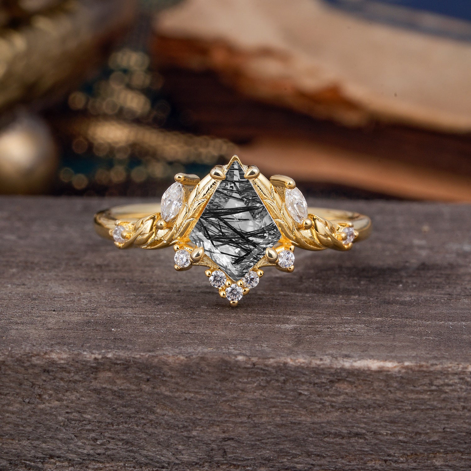 Kite Cut Nature-Inspired Black Rutilated Quartz Engagement Ring