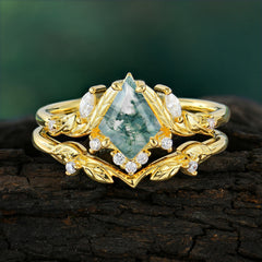 Kite Cut Natural Moss Agate Engagement Ring Set-2pc