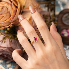 Kite Cut Nature-Inspired Ruby Engagement Ring Set-2pc