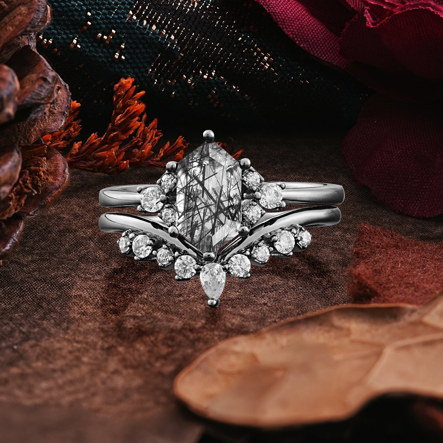 Dark Romantic 6-Prong Hexagon Cut Side Stone Gothic Bridal Ring Set - Romalar Jewelry