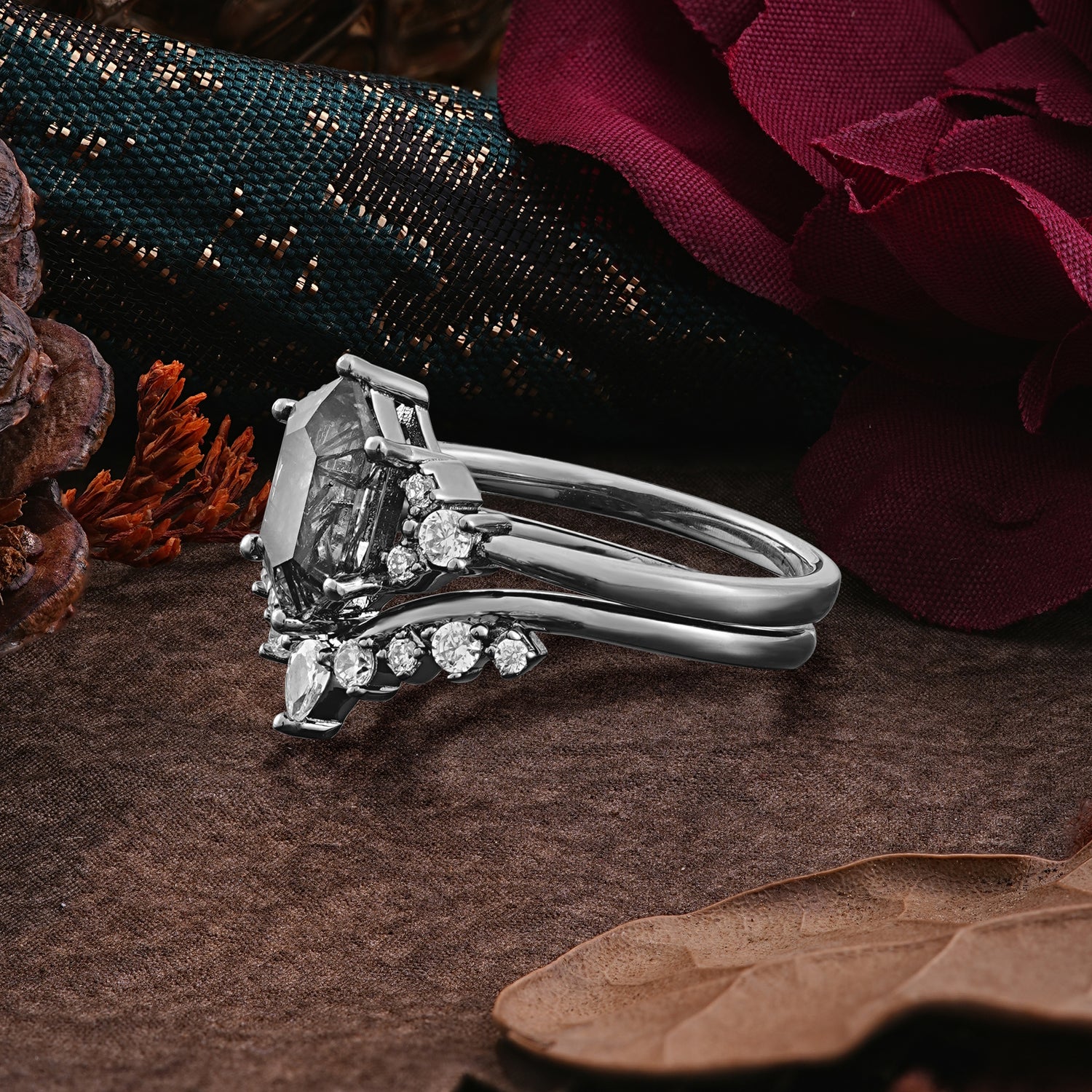 Dark Romantic 6-Prong Hexagon Cut Side Stone Gothic Bridal Ring Set - Romalar Jewelry