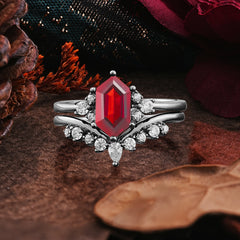 Halloween Limited-6 Prong Hexagon Cut Black Rutilated Quartz Ring Set