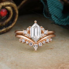 Luxury Vintage Classic 6-Prong Hexagonal-Cut Moissanite Engagement Ring Set