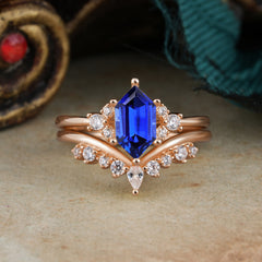Luxury Vintage Classic 6-Prong Hexagonal-Cut Sapphire Engagement Ring Set
