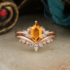 Luxury Vintage Classic 6-Prong Hexagonal-Cut Citrine Engagement Ring Set