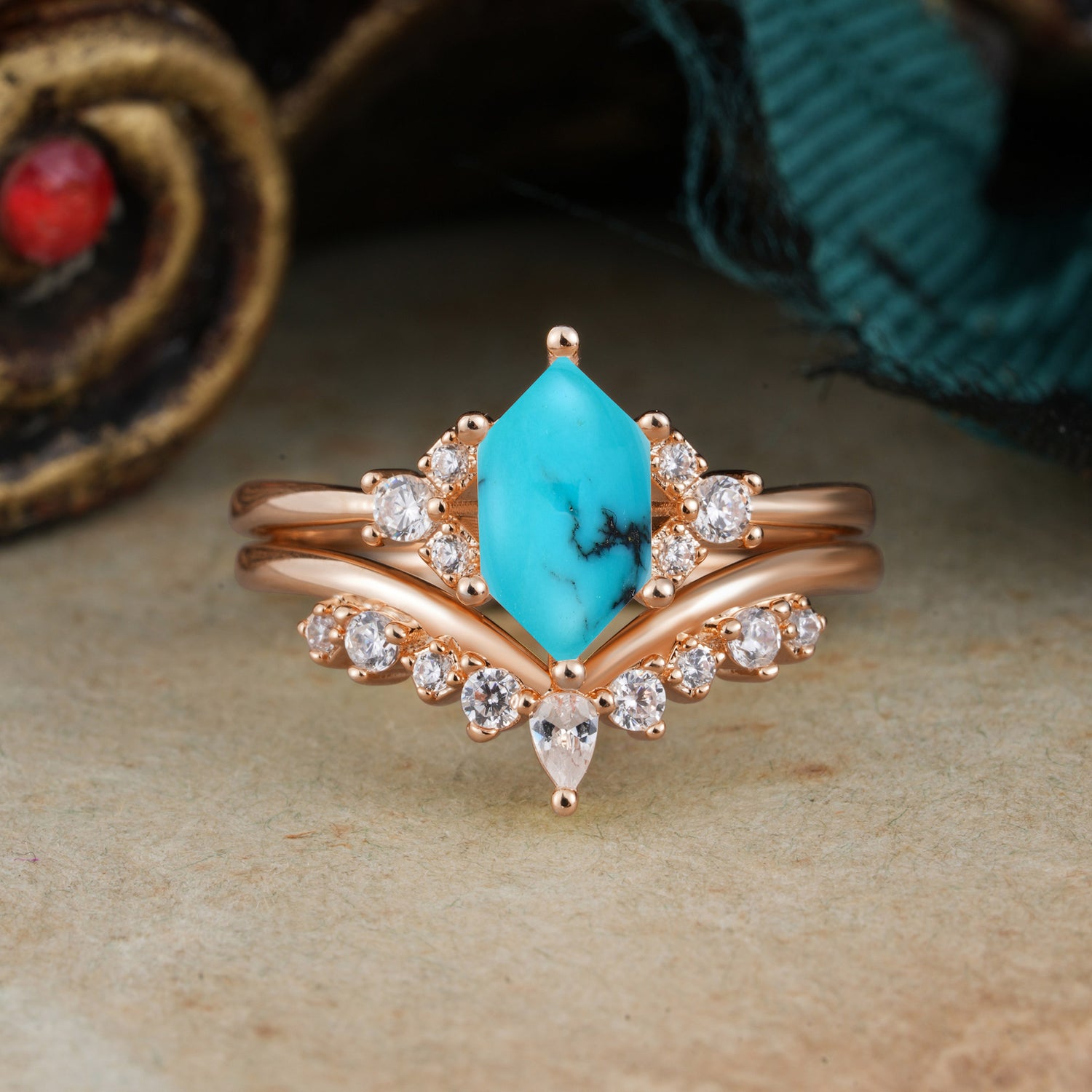 Luxury Vintage Classic 6-Prong Hexagonal-Cut Turquoise Bridal Ring Set