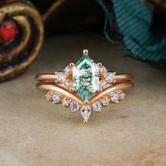 Luxury Vintage Classic 6-Prong Hexagonal-Cut Moss Agate Engagement Ring Set