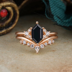Luxury Vintage Classic 6-Prong Hexagonal-Cut Black Onyx Engagement Ring Set