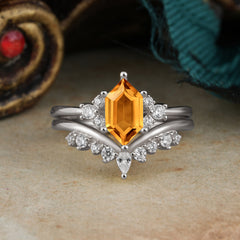 Luxury Vintage Classic 6-Prong Hexagonal-Cut Citrine Engagement Ring Set
